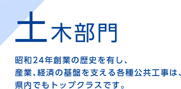 昭和24年創業の歴史を有し、 産業､経済の基盤を支える各種公共工事は、 県内でもトップクラスです。