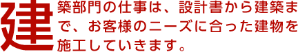 建築部門の仕事は、設計書から建築まで、お客様のニーズに合った建物を施工していきます。